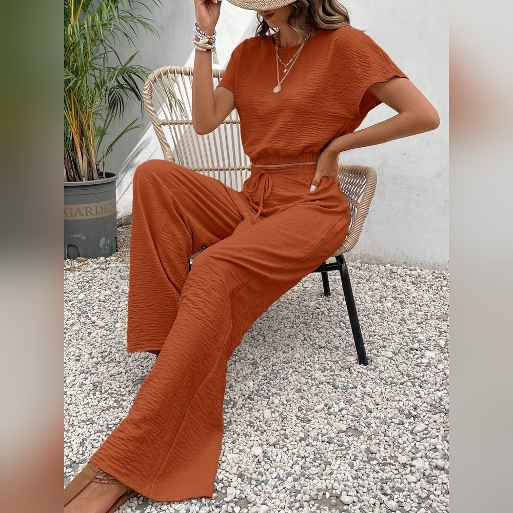 COPY - Women's Pants Set Loose Texture Solid Color Casual Two Piece Suit - Picture 5 of 6